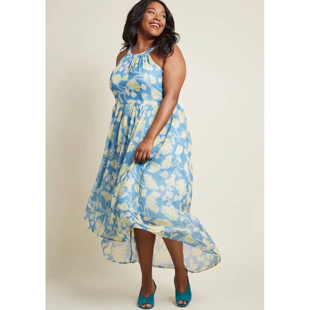 Modcloth 2X Brave New Whirl Hi Low Halter Maxi Dress Blue Yellow Floral Metallic